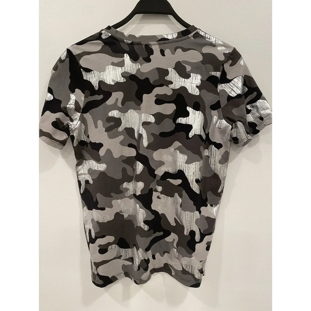 Michael Kors Womens T-Shirt P/S Black Silver Camo Foil‎ Logo Tee Top Street Glam